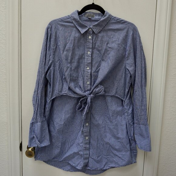 Joseph A Tops - Stripe & Gingham Pattern Block Button Up with Front Tie